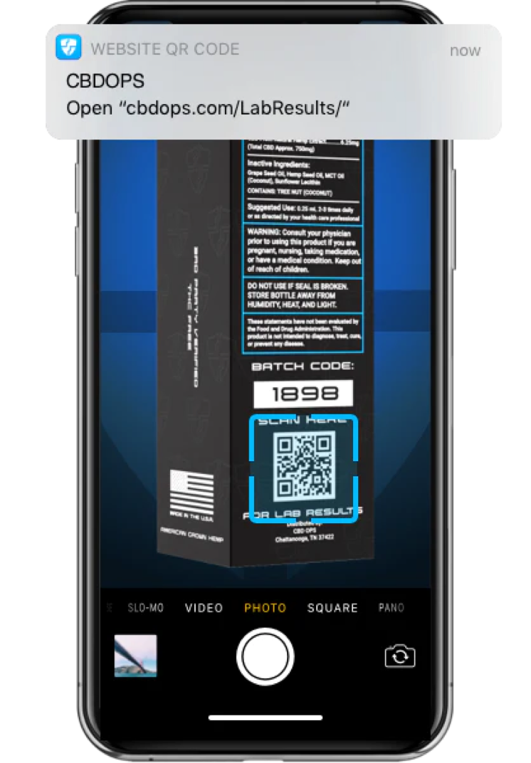CBDops product with QR code that can be scanned to look up lab results.