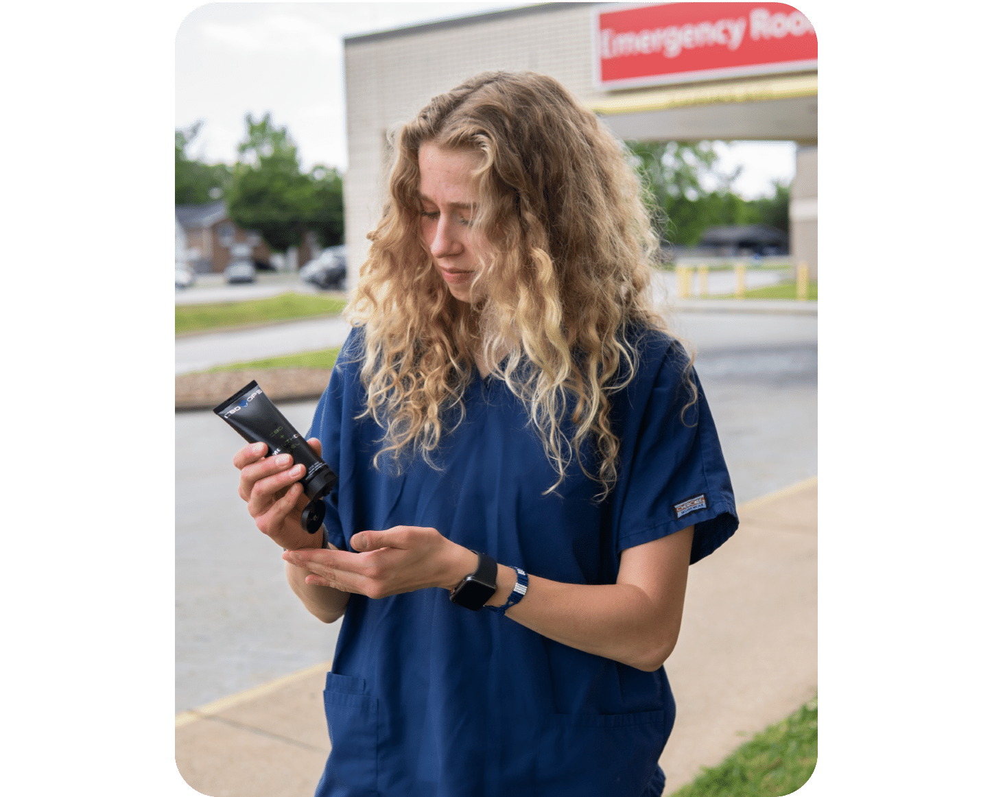 Nurse applying CBDOps CBD cooling methanol product.