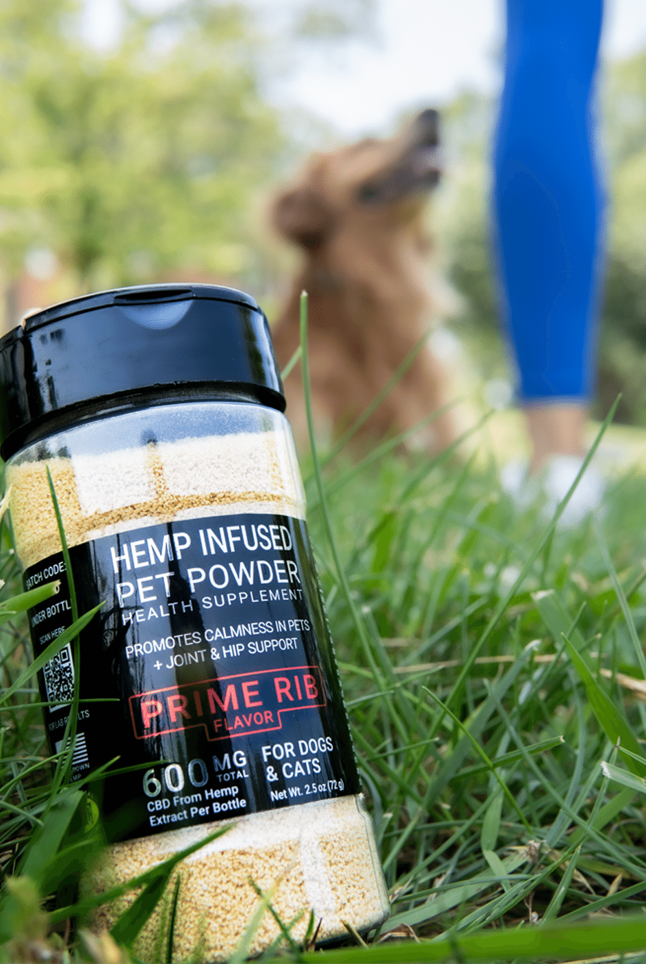 Female owner uses CBDOps hemp infused CBD pet powder product for her pet dog.