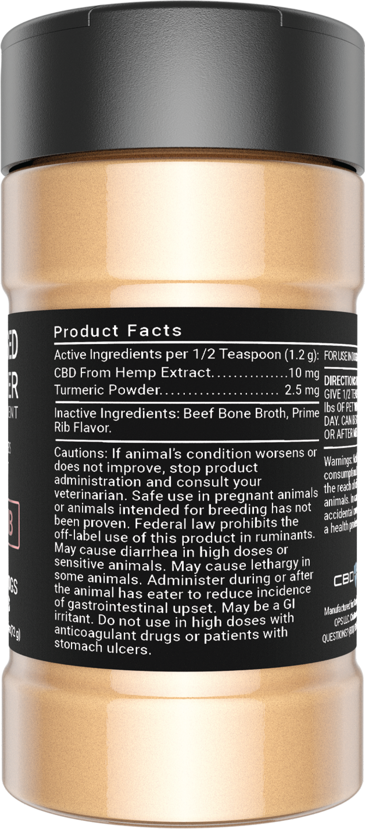 CBDOps hemp infused CBD pet powder product facts.